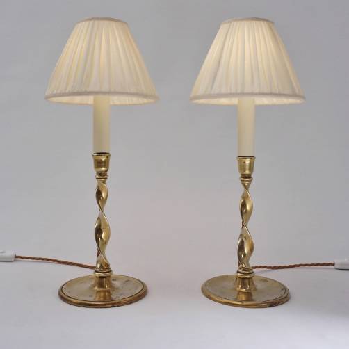 Antique Georgian pair barley twist brass candlestick table lamps, 1830`s ca, English